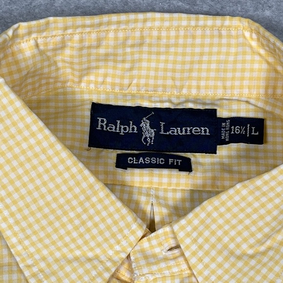 Ralph Lauren Yellow Gingham Long Sleeve Button Down Shirt Classic Fit L/16-1/2 - Picture 3 of 9